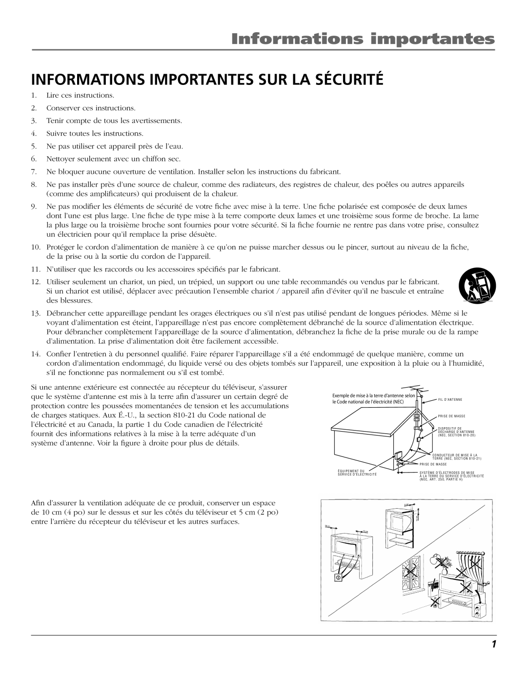 RCA R52WH73 manual Informations Importantes SUR LA Sécurité 