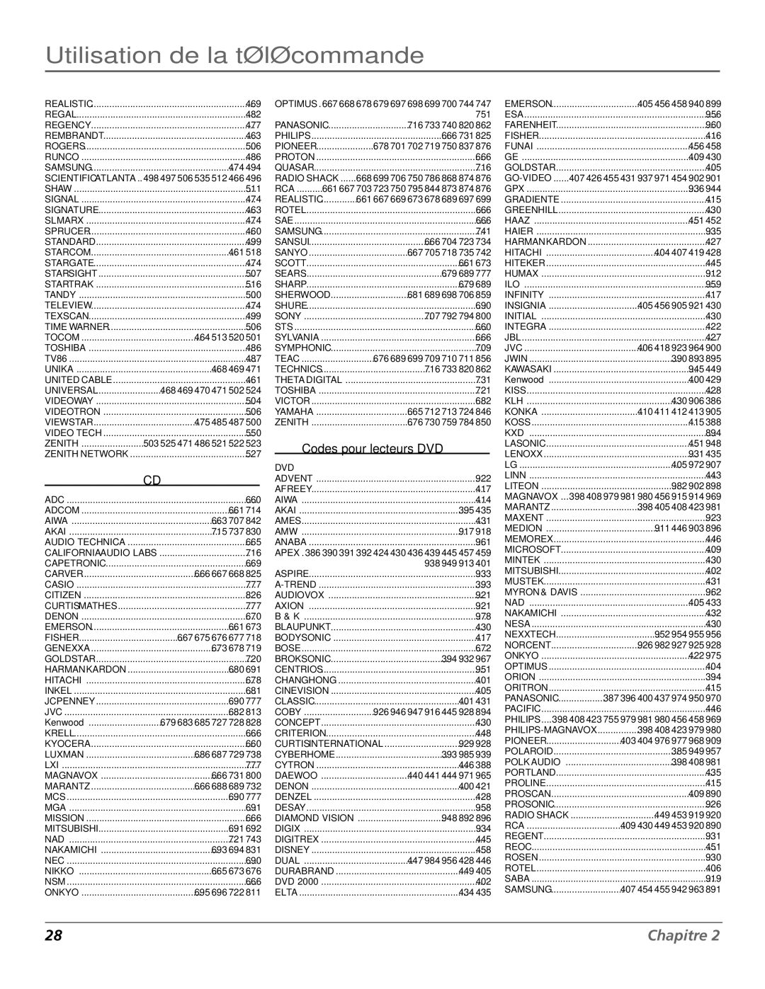 RCA R52WH73 manual Codes pour lecteurs DVD, Realistic 