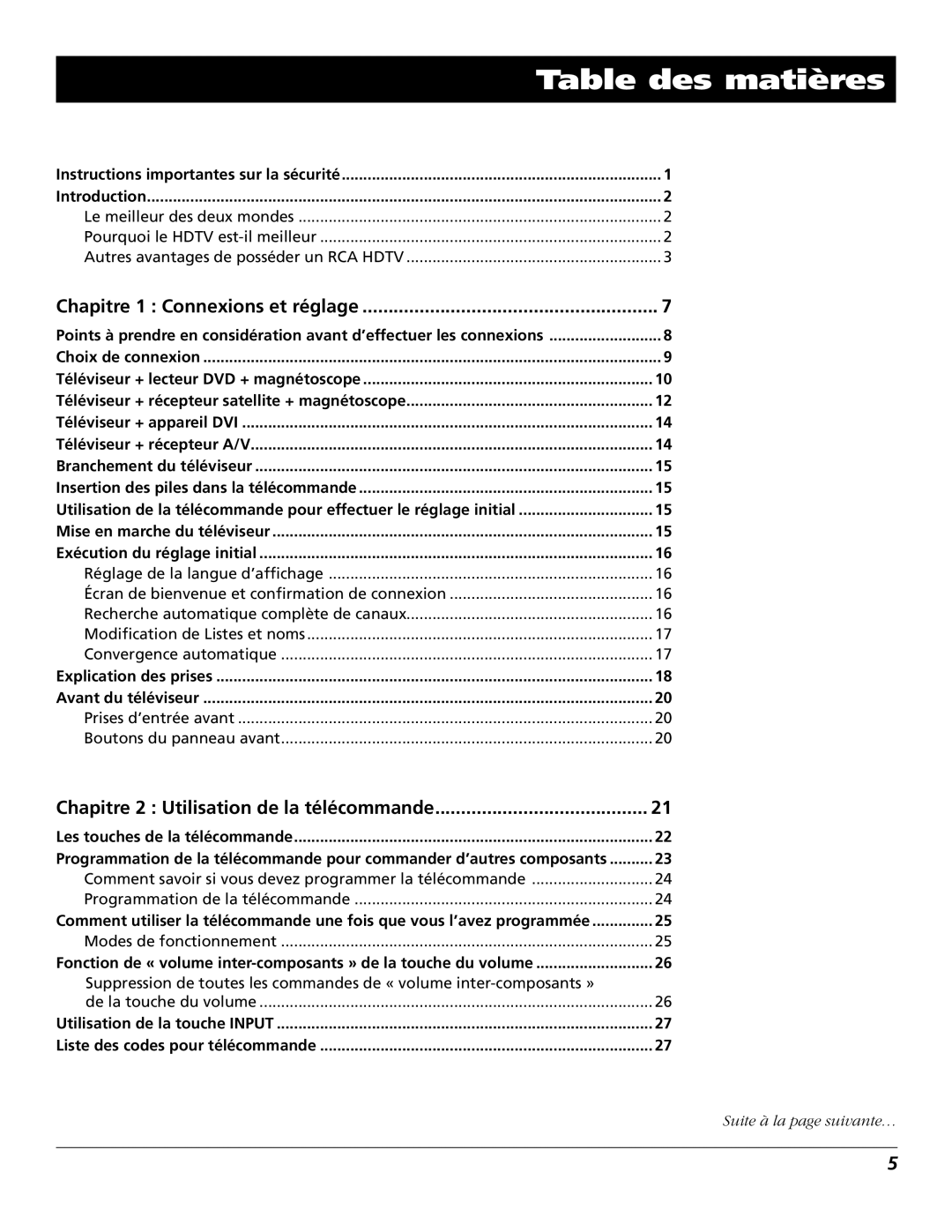 RCA R52WH73 manual Chapitre 1 Connexions et réglage, Chapitre 2 Utilisation de la télécommande 