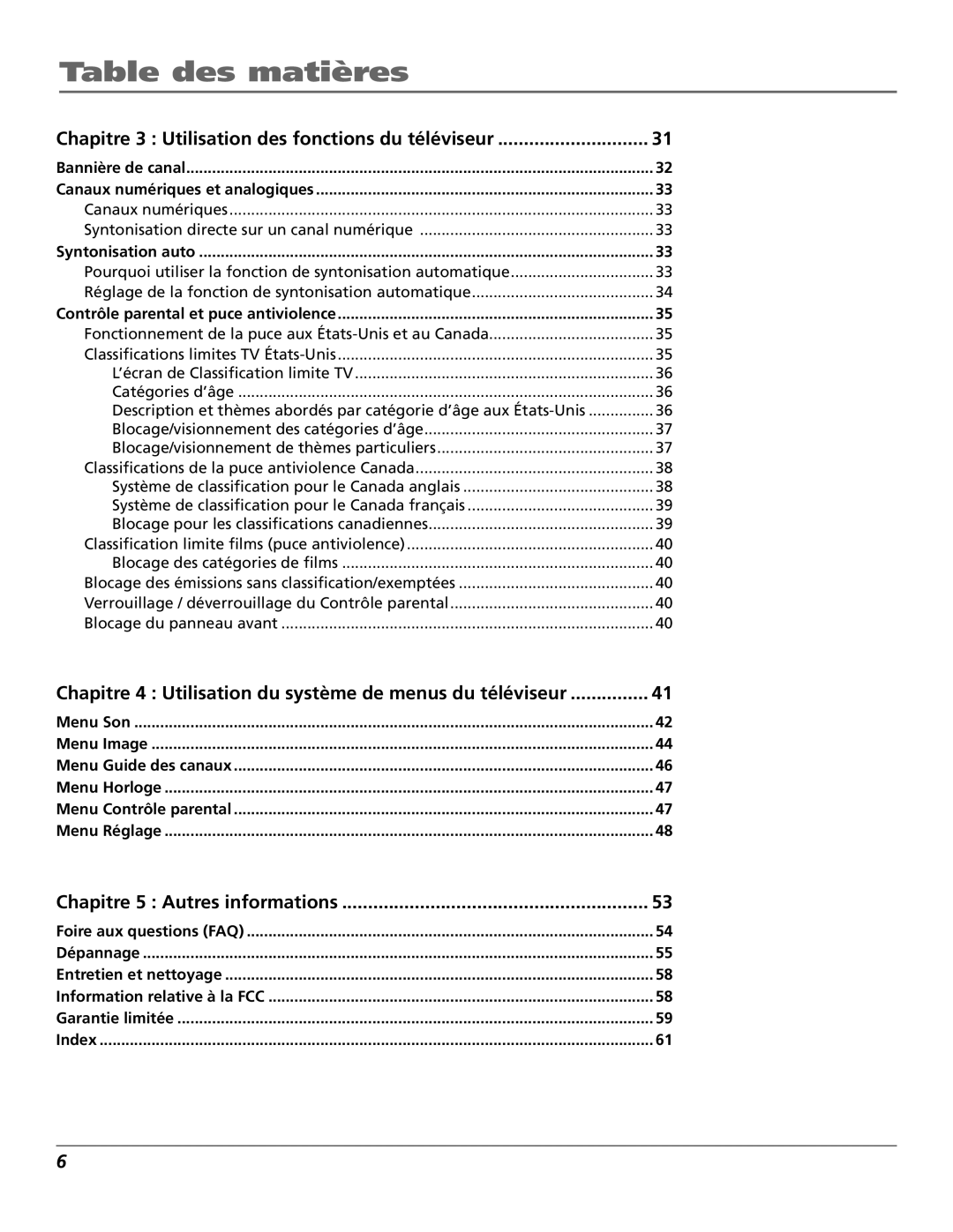 RCA R52WH73 manual Table des matières, Chapitre 3 Utilisation des fonctions du téléviseur, Chapitre 5 Autres informations 