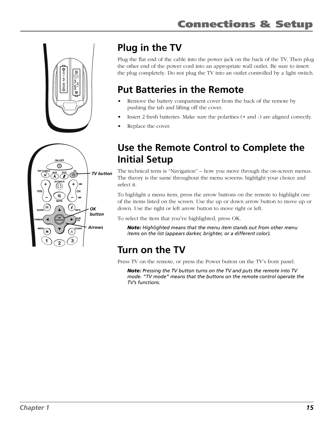 RCA R52WH73 manual Plug in the TV, Put Batteries in the Remote, Use the Remote Control to Complete the Initial Setup 