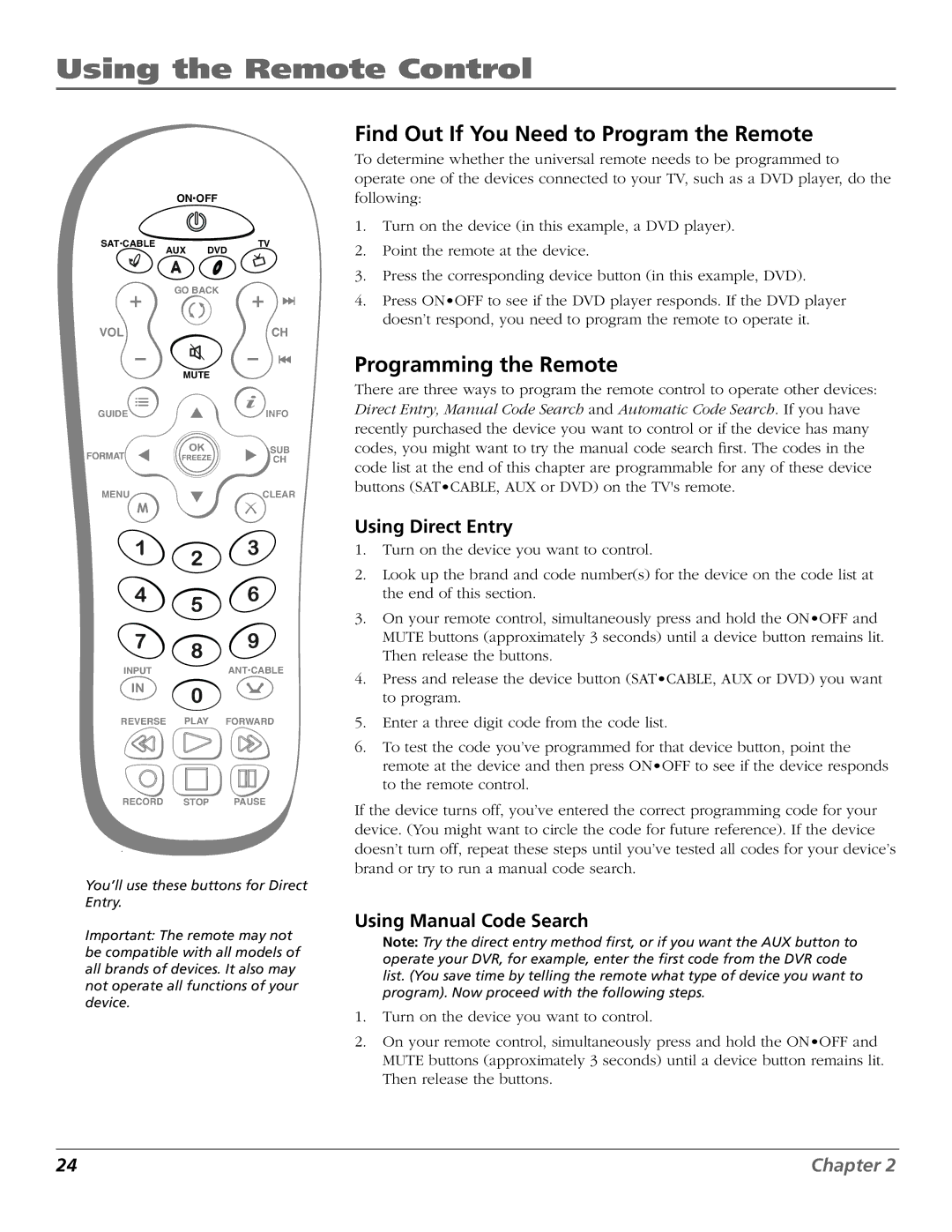 RCA R52WH73 manual Find Out If You Need to Program the Remote, Programming the Remote, Using Direct Entry 