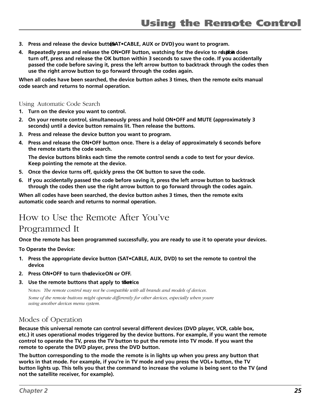 RCA R52WH73 manual How to Use the Remote After You’ve Programmed It, Modes of Operation, Using Automatic Code Search 