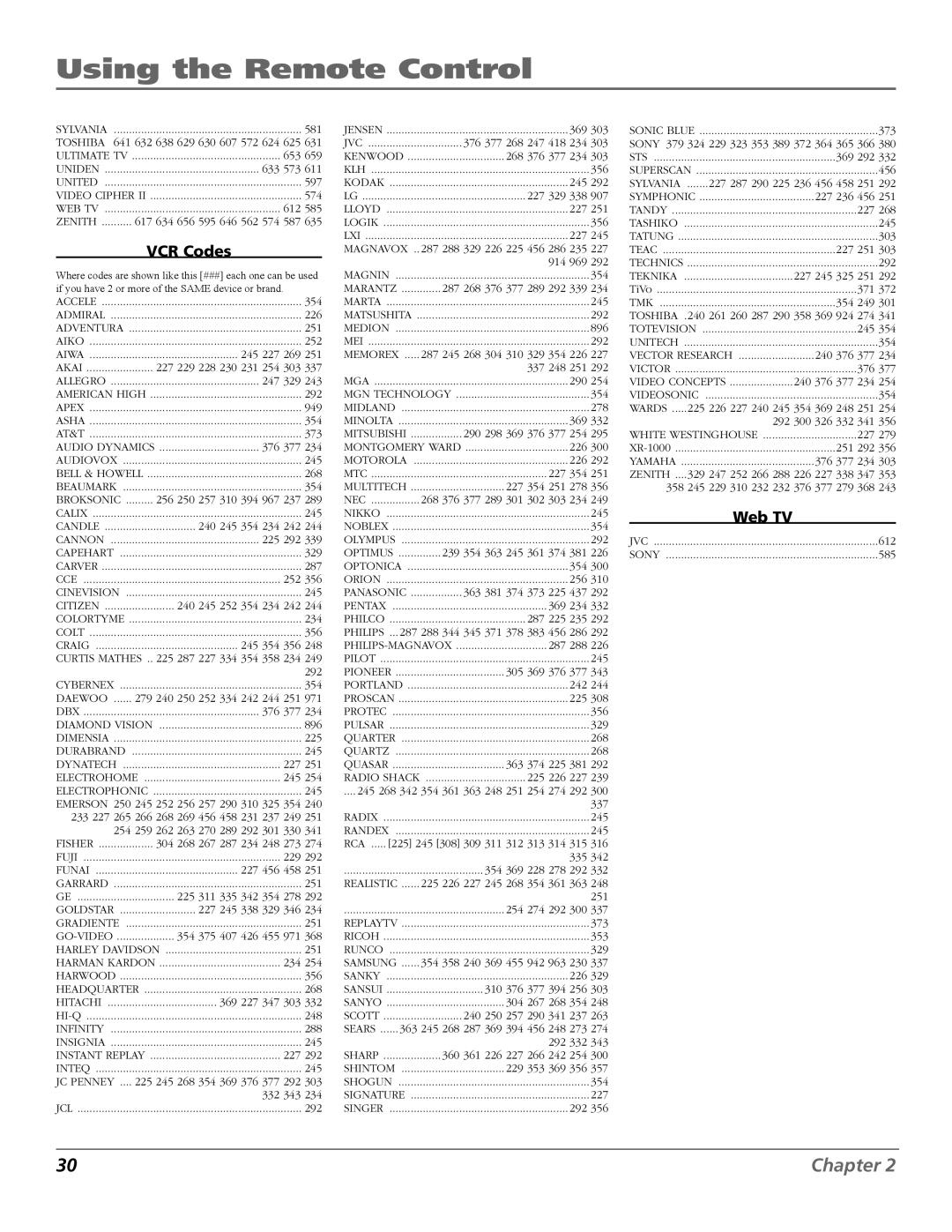 RCA R52WH73 manual VCR Codes, Web TV 