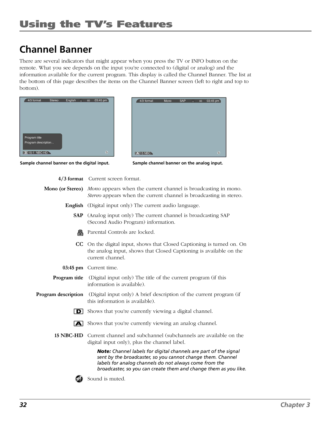 RCA R52WH73 manual Using the TV’s Features, Channel Banner 