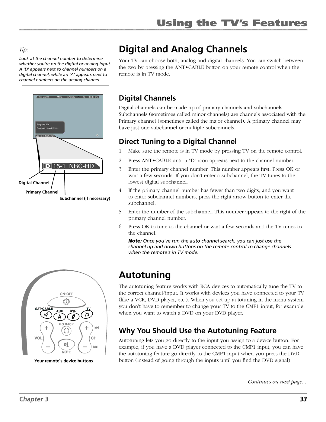 RCA R52WH73 manual Digital and Analog Channels, Autotuning, Digital Channels, Direct Tuning to a Digital Channel 