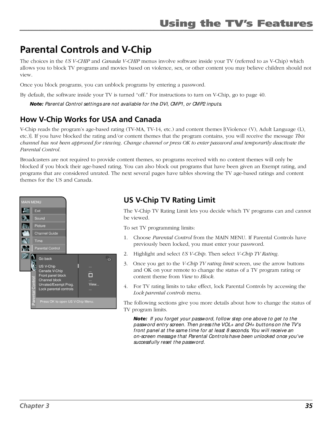 RCA R52WH73 manual Parental Controls and V-Chip, How V-Chip Works for USA and Canada, US V-Chip TV Rating Limit 