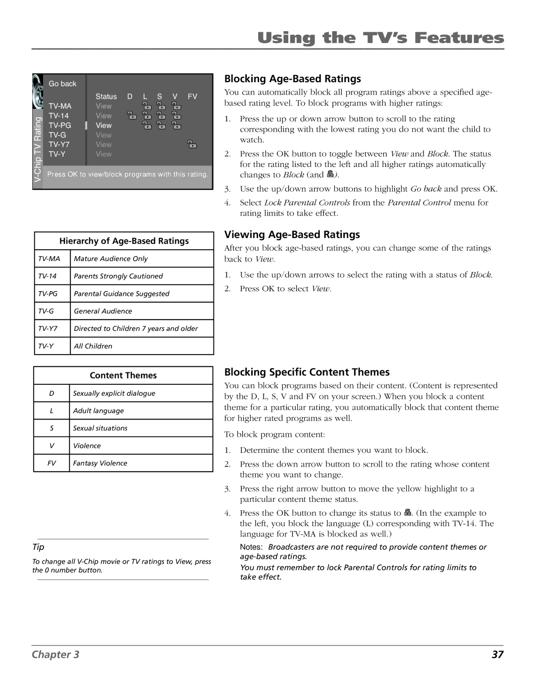 RCA R52WH73 manual Blocking Age-Based Ratings, Viewing Age-Based Ratings, Blocking Specific Content Themes 