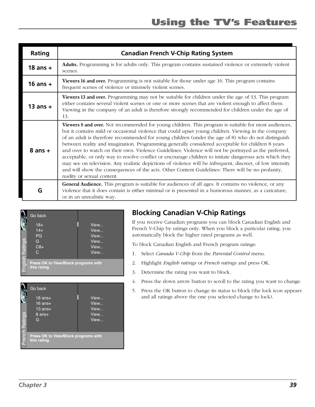 RCA R52WH73 manual Blocking Canadian V-Chip Ratings, Rating Canadian French V-Chip Rating System 