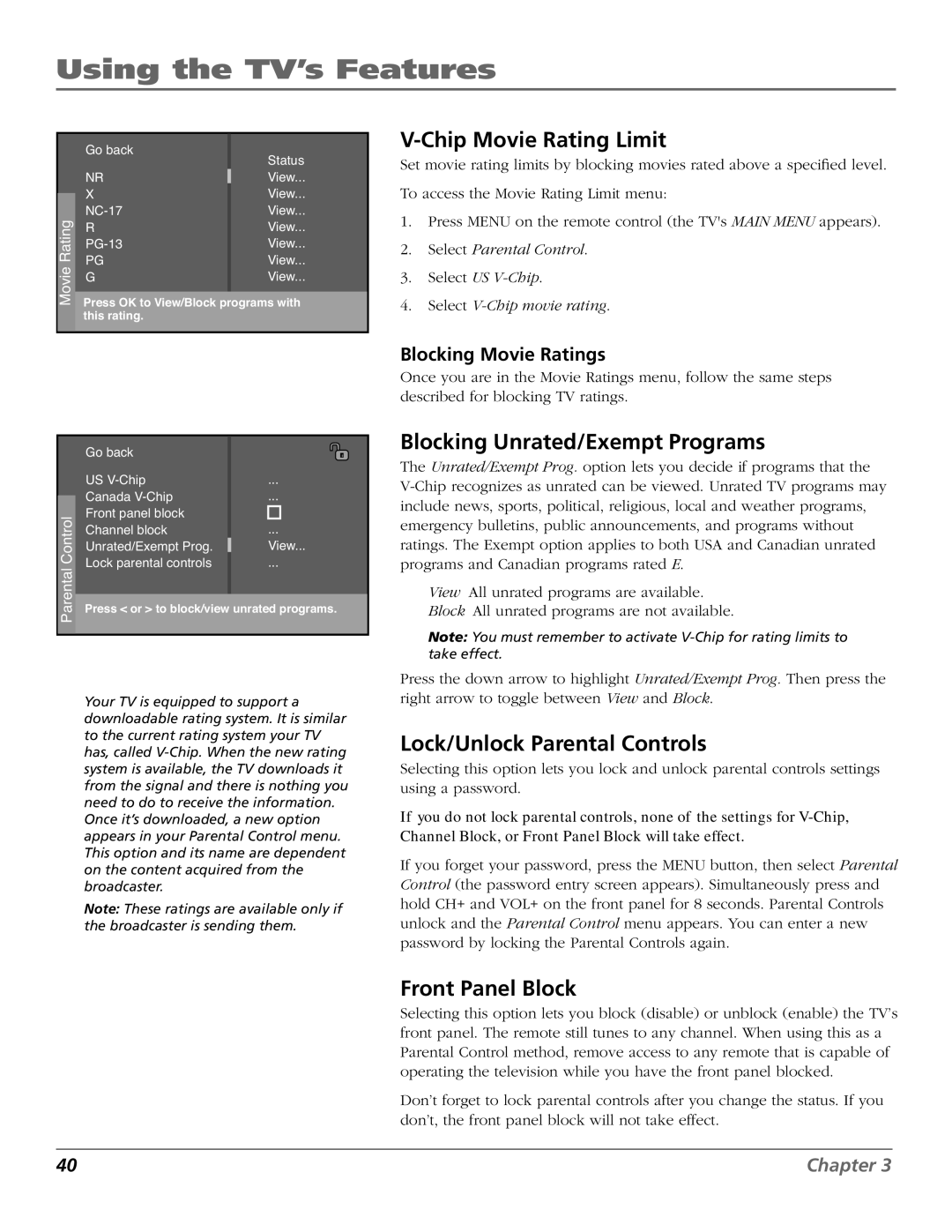 RCA R52WH73 Chip Movie Rating Limit, Blocking Unrated/Exempt Programs, Lock/Unlock Parental Controls, Front Panel Block 