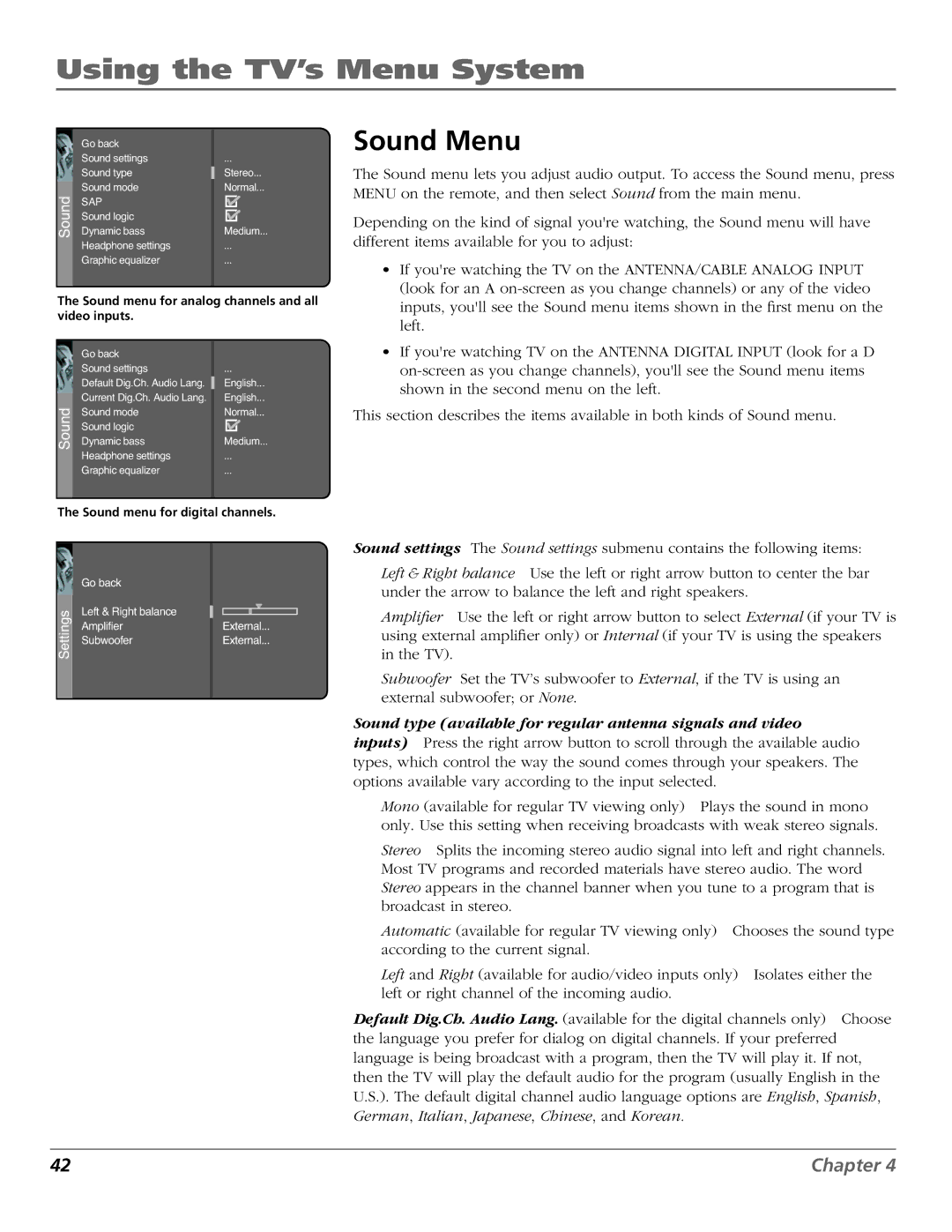 RCA R52WH73 manual Using the TV’s Menu System, Sound Menu 