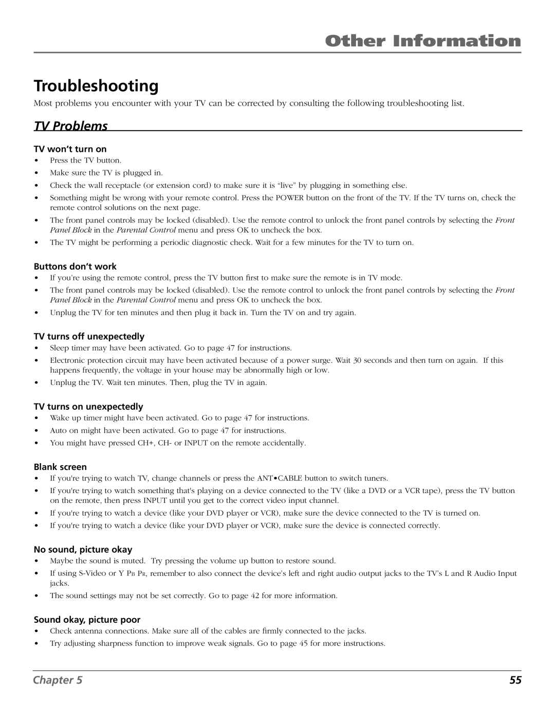 RCA R52WH73 manual Troubleshooting 