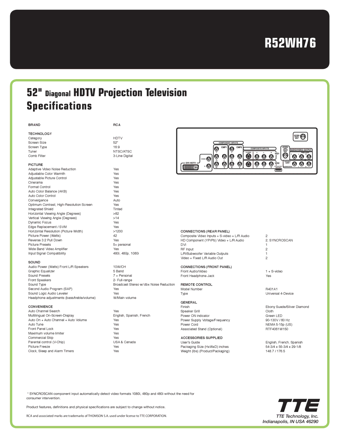 RCA R52WH76 manual Diagonal Hdtv Projection Television Specifications 