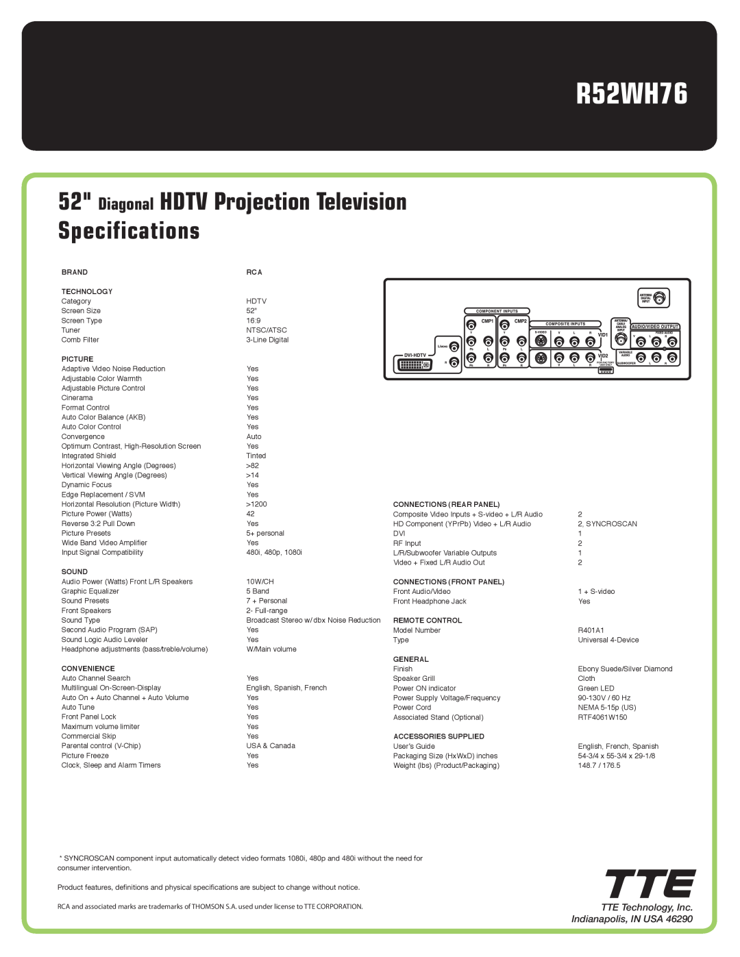 RCA R52WH76 manual Diagonal HDTV Projection Television Specifications, TTE Technology, Inc. Indianapolis, IN USA 
