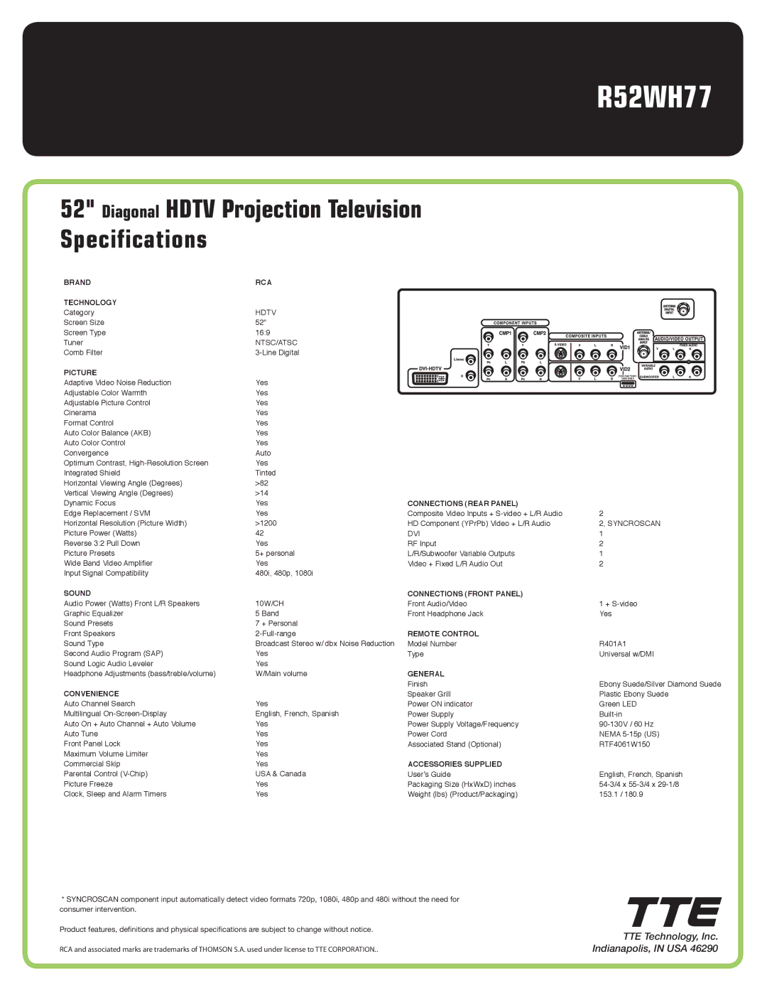 RCA r52wh77 manual Diagonal Hdtv Projection Television Specifications 