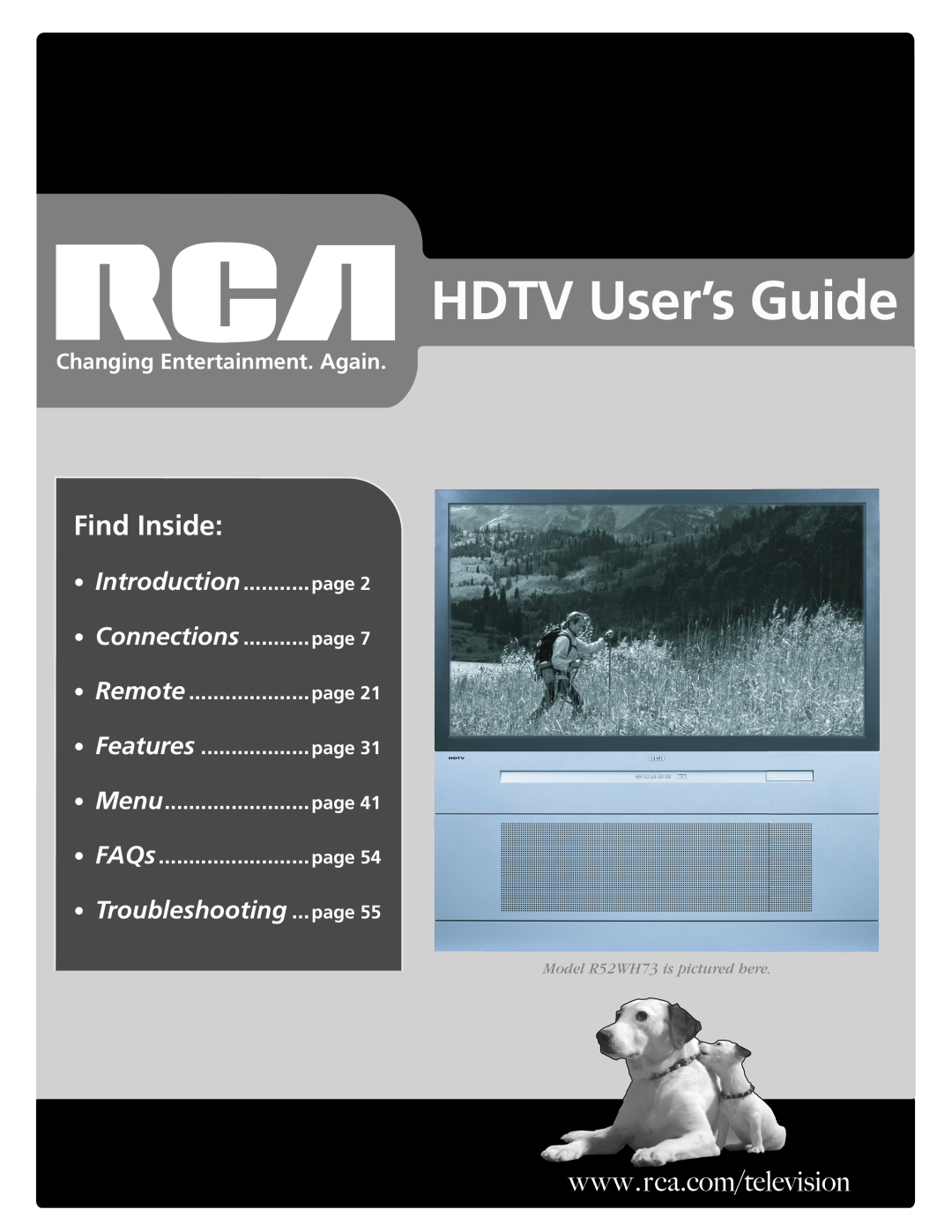 RCA R52WH79 manual page, HDTV User’s Guide, Find Inside, Troubleshooting, Changing Entertainment. Again, Introduction 
