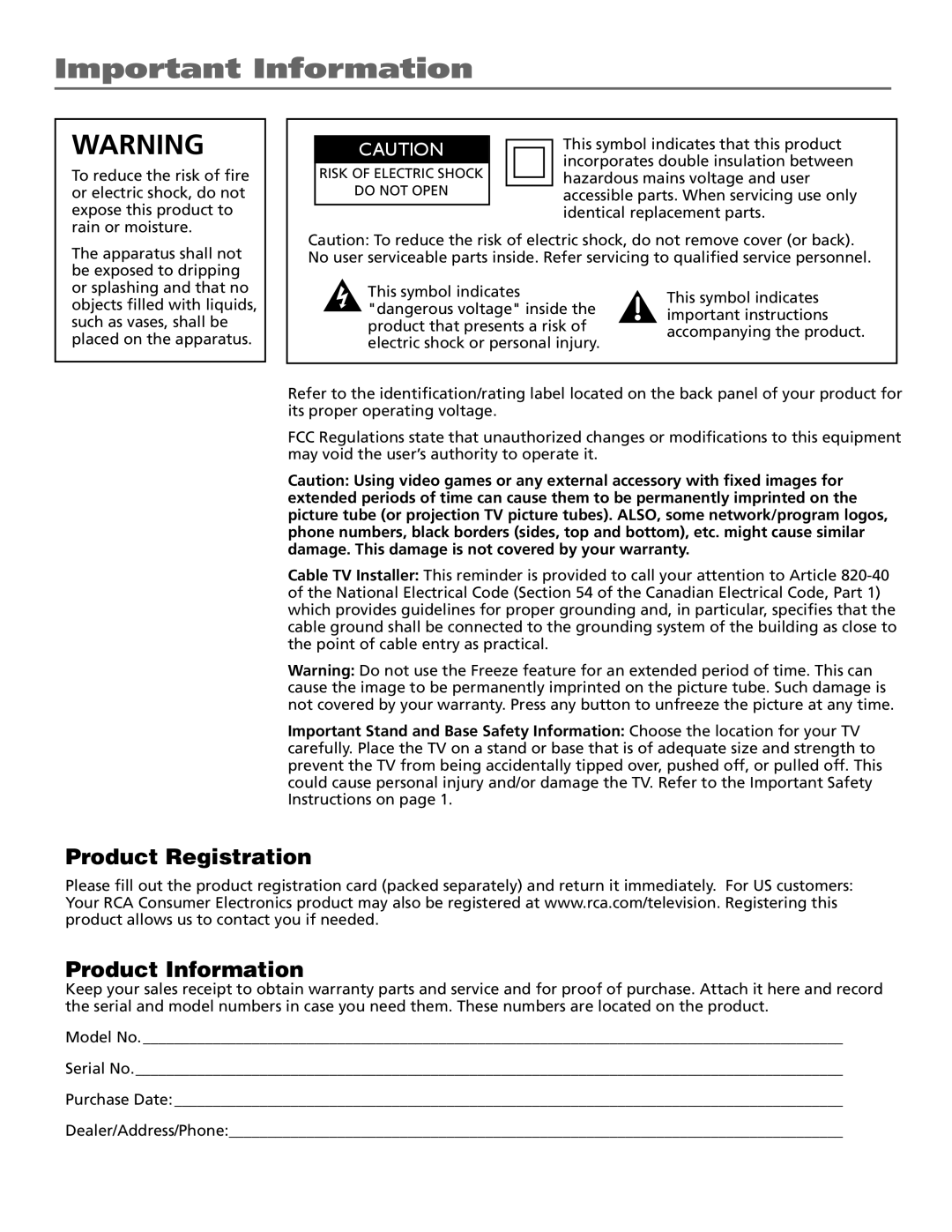RCA R52WH79 manual Important Information, Product Registration, Product Information 