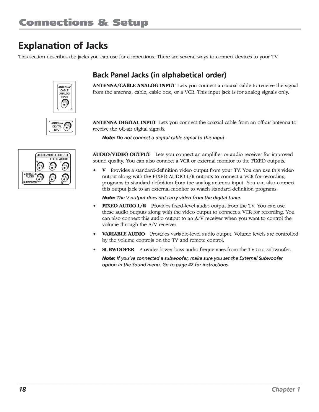 RCA R52WH79 manual Explanation of Jacks, Back Panel Jacks in alphabetical order, Connections & Setup, Chapter 