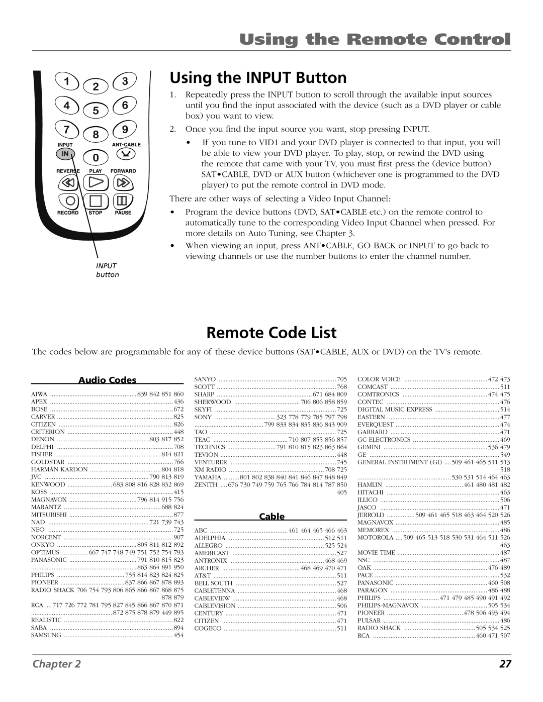 RCA R52WH79 manual Using the INPUT Button, Remote Code List, Audio Codes, Cable, Using the Remote Control, Chapter 