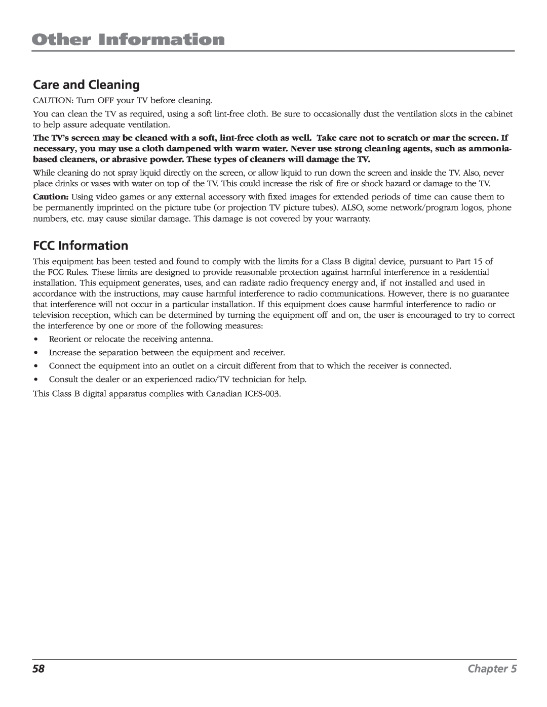 RCA R52WH79 manual Care and Cleaning, FCC Information, Other Information, Chapter 