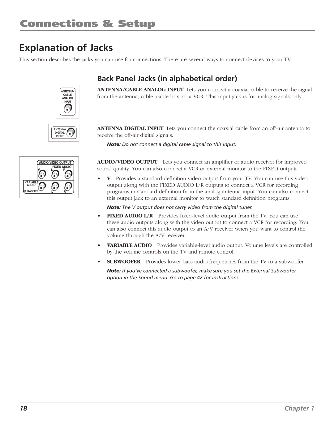 RCA R52WH79 manual Explanation of Jacks, Back Panel Jacks in alphabetical order 