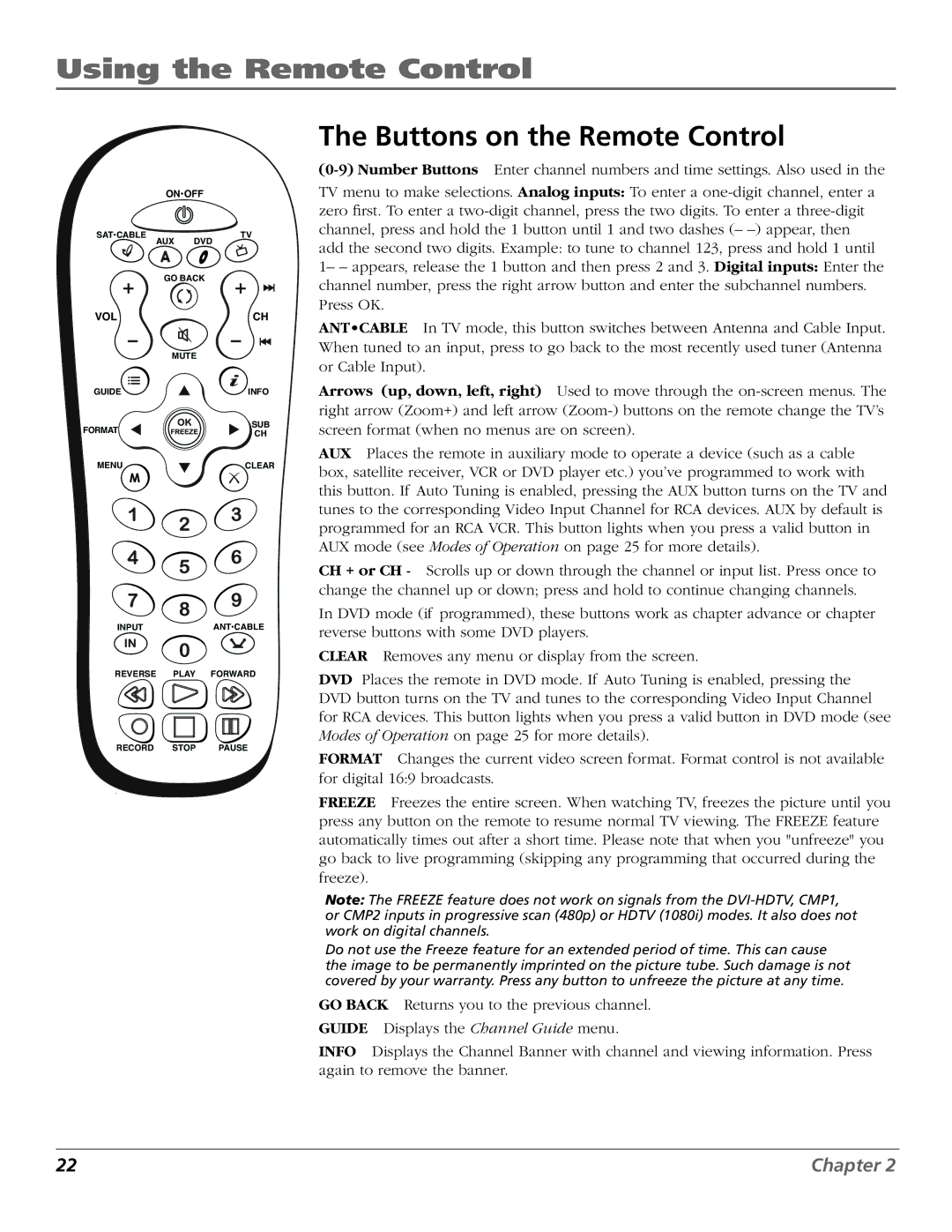 RCA R52WH79 manual Using the Remote Control, Buttons on the Remote Control 