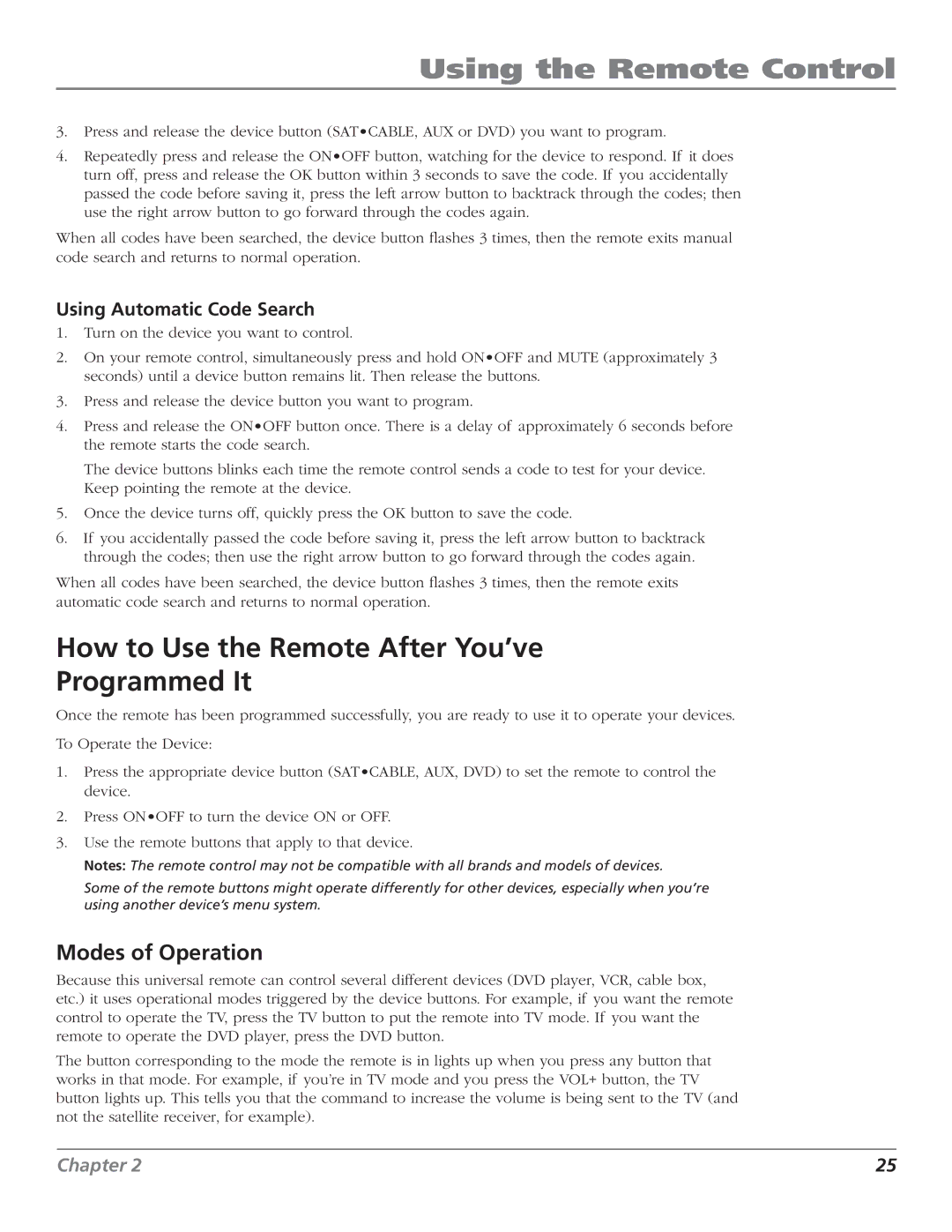 RCA R52WH79 manual How to Use the Remote After You’ve Programmed It, Modes of Operation, Using Automatic Code Search 