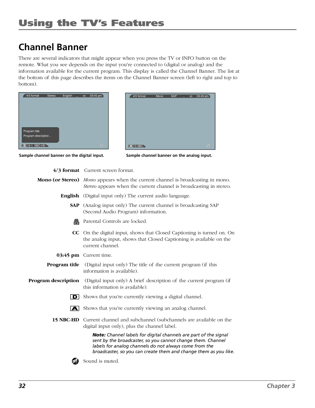 RCA R52WH79 manual Using the TV’s Features, Channel Banner 