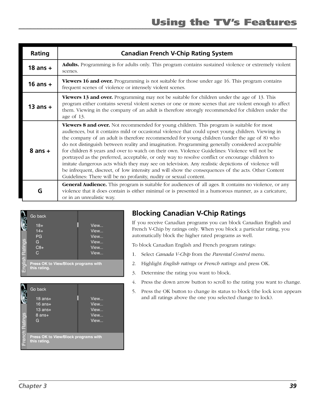 RCA R52WH79 manual Blocking Canadian V-Chip Ratings, Rating Canadian French V-Chip Rating System 