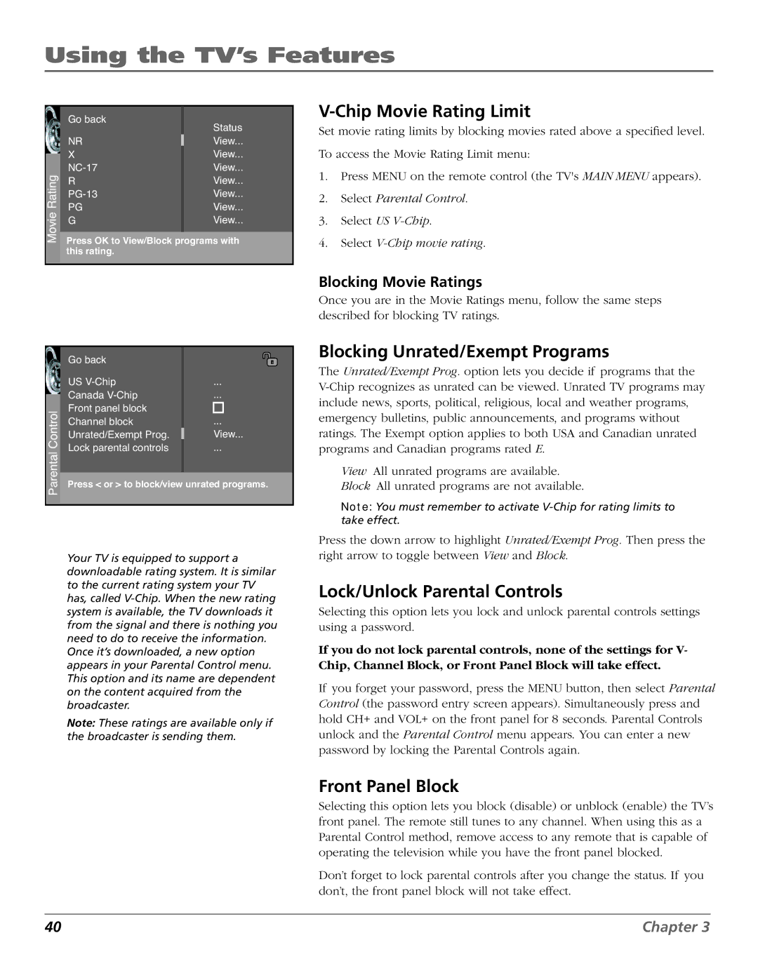 RCA R52WH79 Chip Movie Rating Limit, Blocking Unrated/Exempt Programs, Lock/Unlock Parental Controls, Front Panel Block 