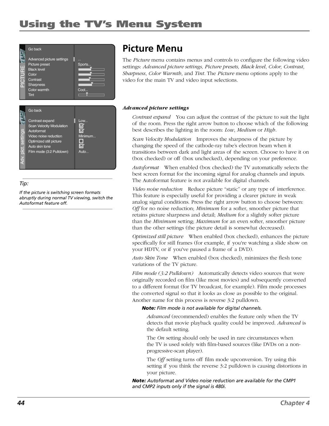 RCA R52WH79 manual Picture Menu, Advanced picture settings 