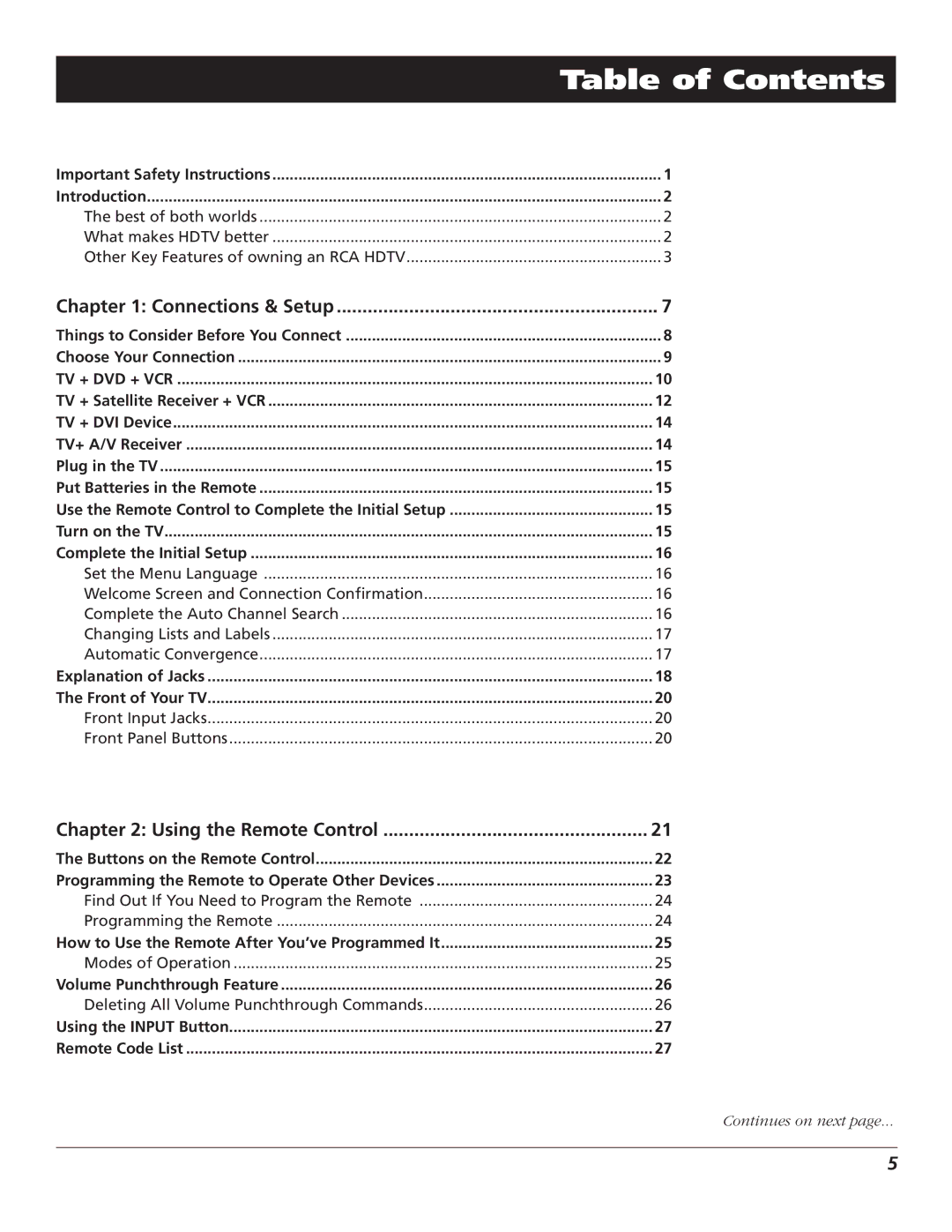 RCA R52WH79 manual Table of Contents 