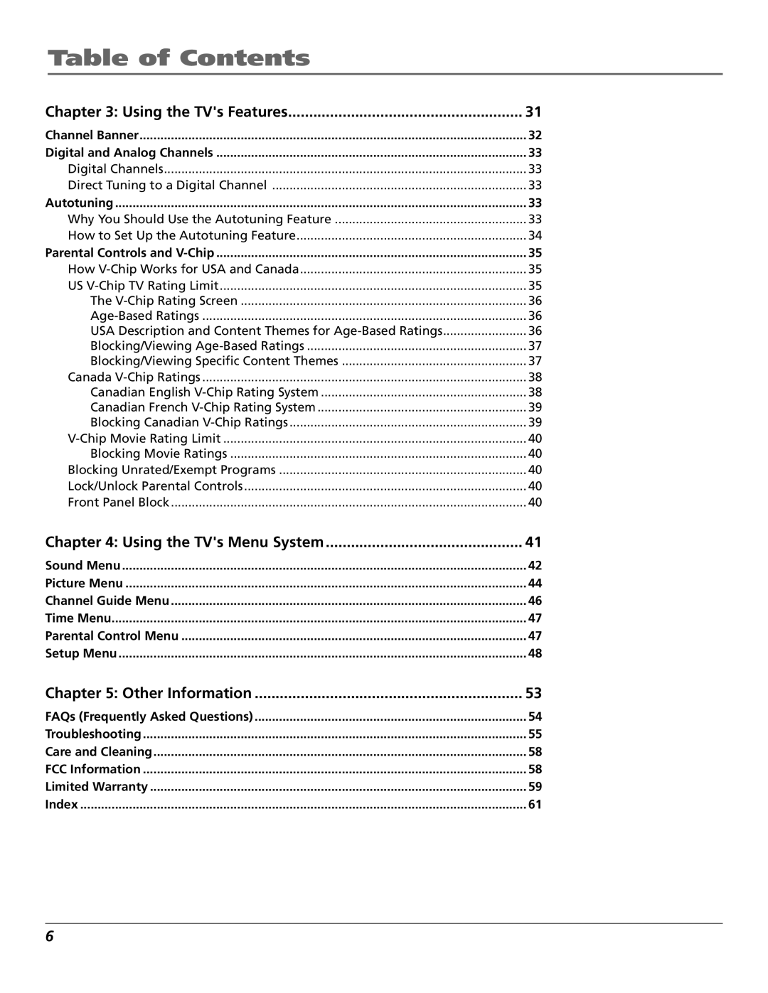 RCA R52WH79 manual Table of Contents 