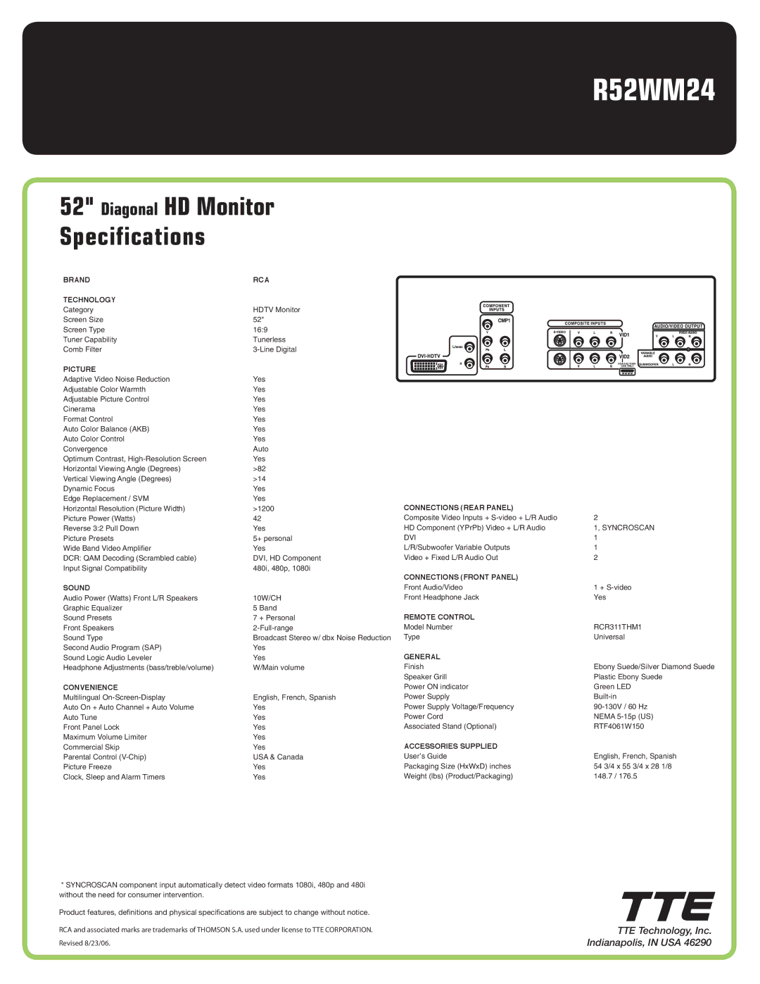 RCA R52WM24 manual Diagonal HD Monitor Specifications 