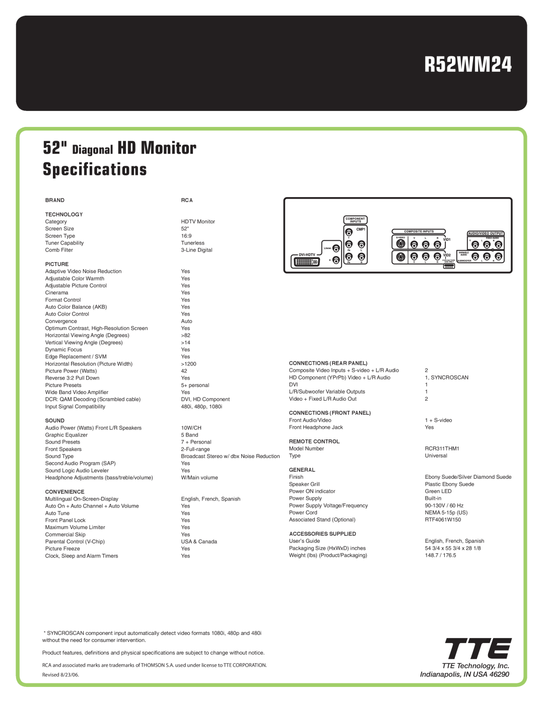 RCA R52WM24 manual Diagonal HD Monitor Specifications, TTE Technology, Inc. Indianapolis, IN USA 
