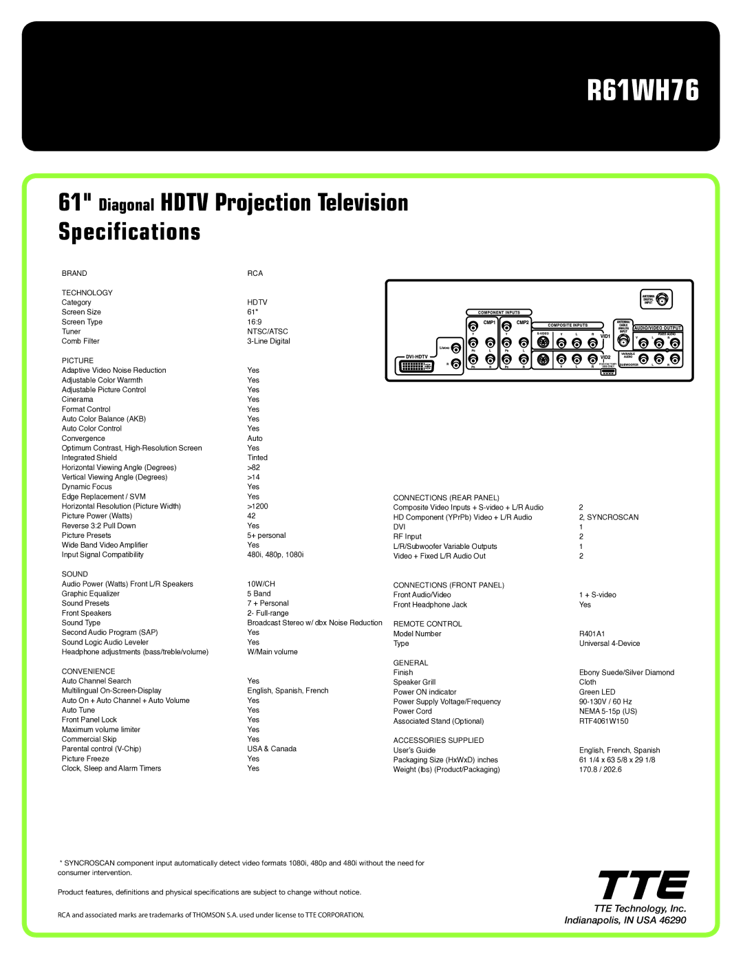 RCA R61WH76 manual Diagonal Hdtv Projection Television Specifications 