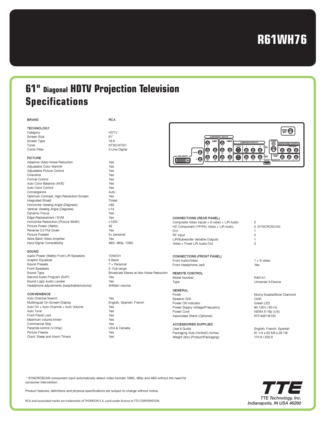 RCA R61WH76 manual Diagonal HDTV Projection Television Specifications, TTE Technology, Inc. Indianapolis, IN USA 