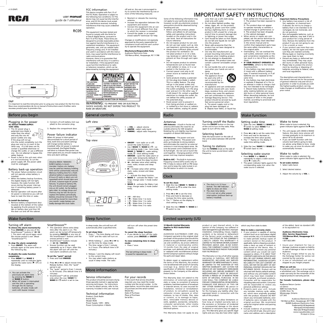 RCA RC05 user manual Before you begin General controls Radio Wake function, Clock, More information 