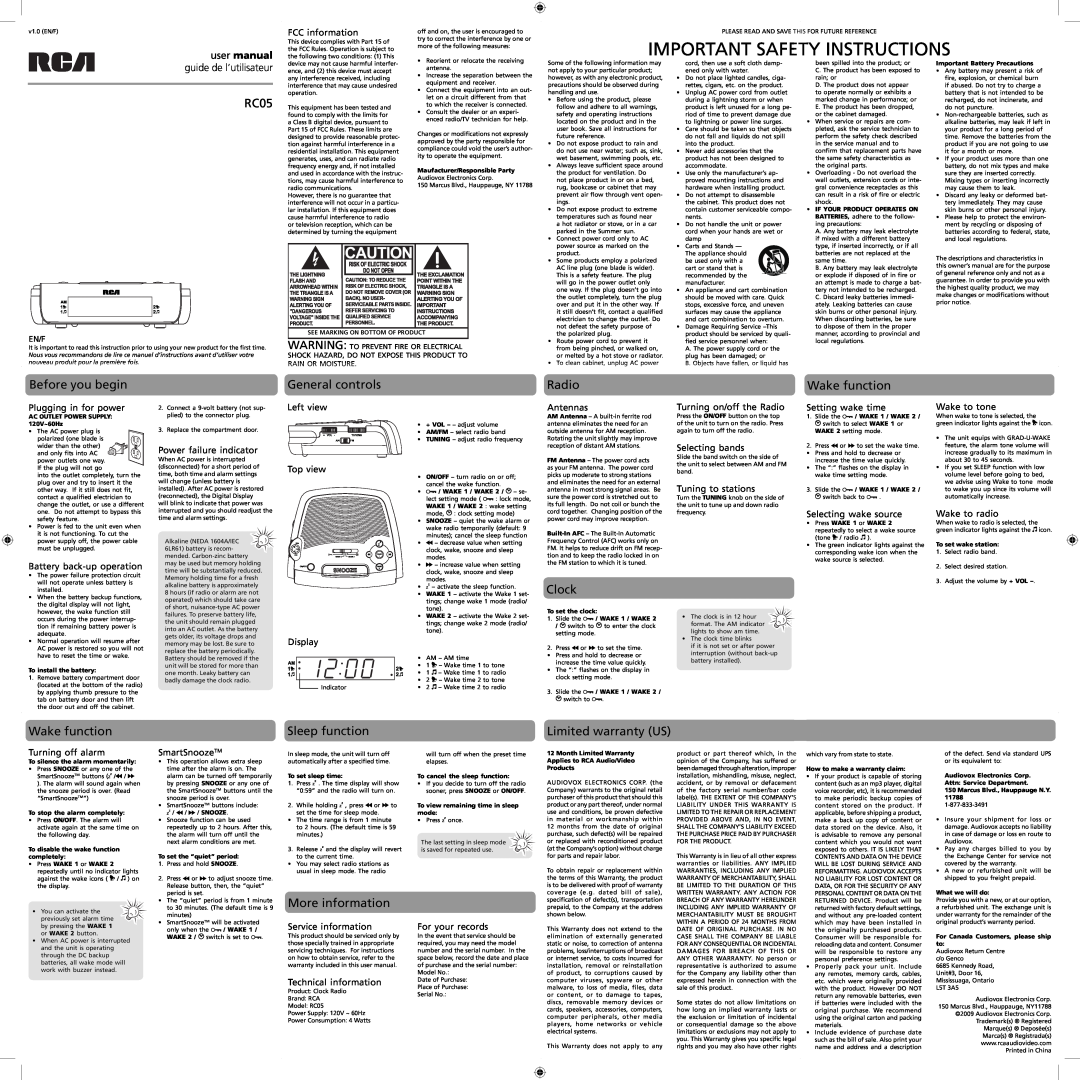 RCA RC05 user manual Important Safety Instructions 