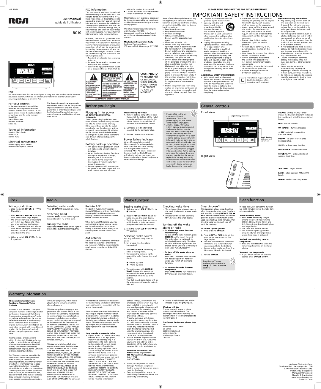 RCA RC10 user manual Before you begin, General controls, Clock, Radio, Wake function, Sleep function, Warranty information 