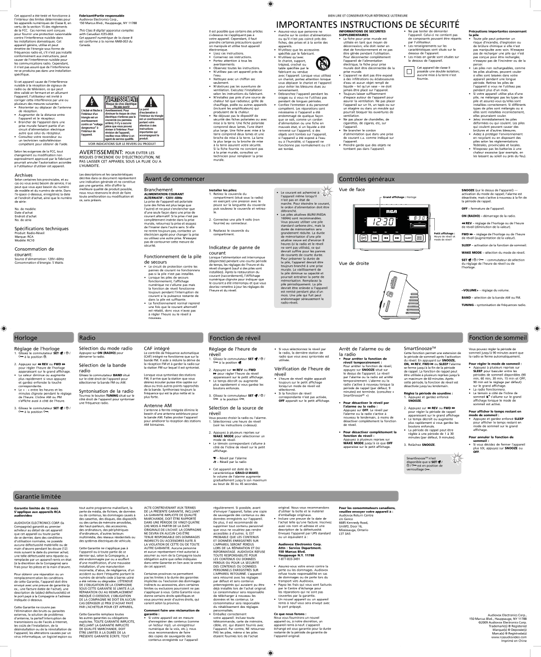 RCA RC10 Avant de commencer, Contrôles généraux, Horloge, Fonction de réveil, Fonction de sommeil, Garantie limitée 