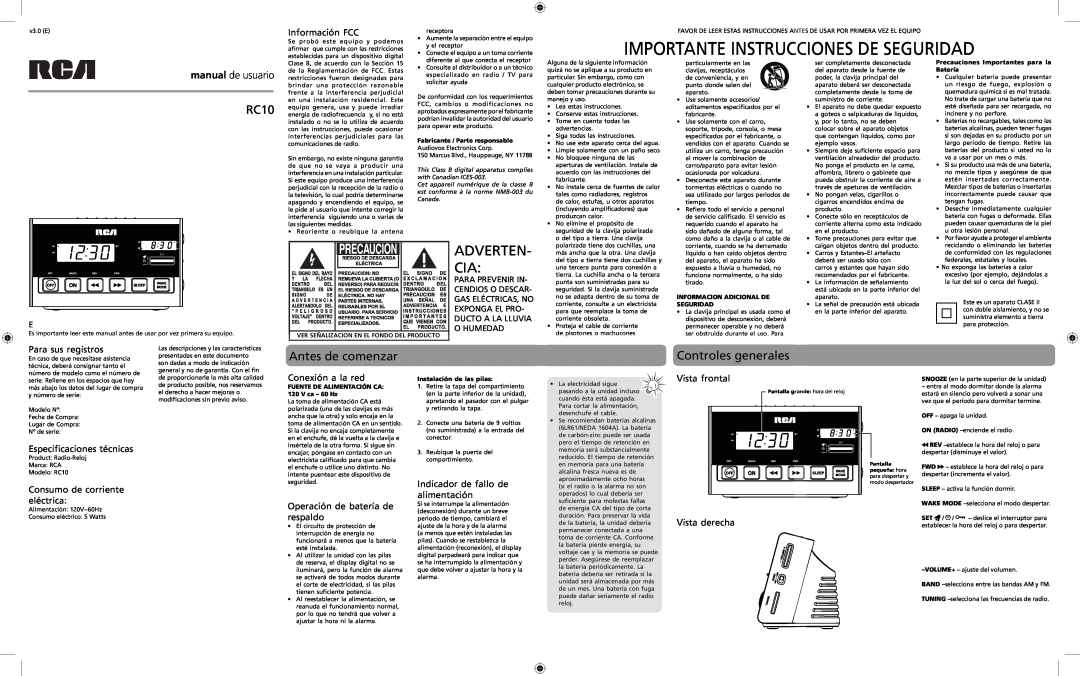 RCA RC10 Importante Instrucciones De Seguridad, Antes de comenzar, Controles generales, Adverten- Cia, manual de usuario 