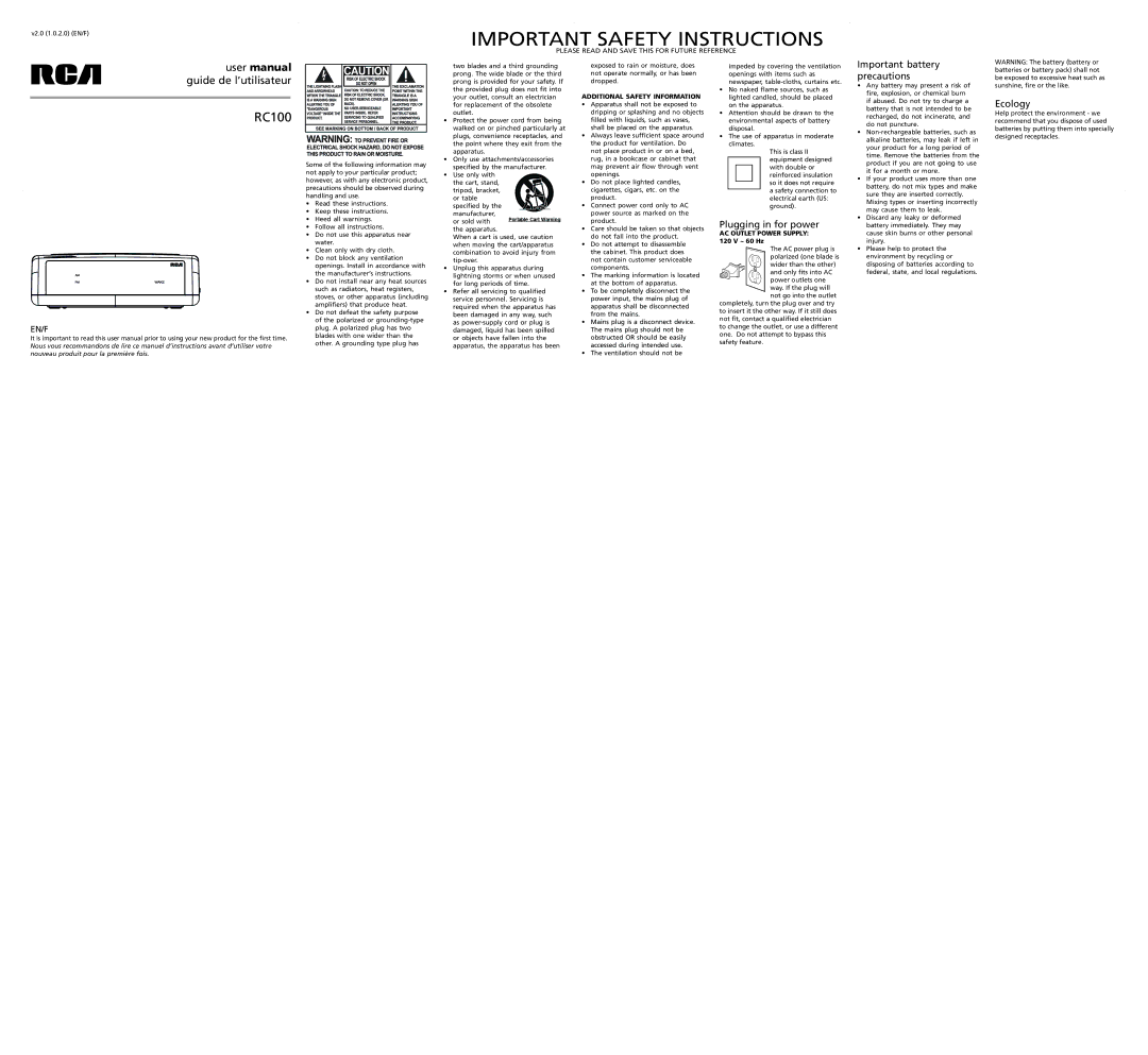 RCA RC100 user manual Important battery precautions, Ecology, Plugging in for power, AC Outlet Power Supply 120 V ~ 60 Hz 