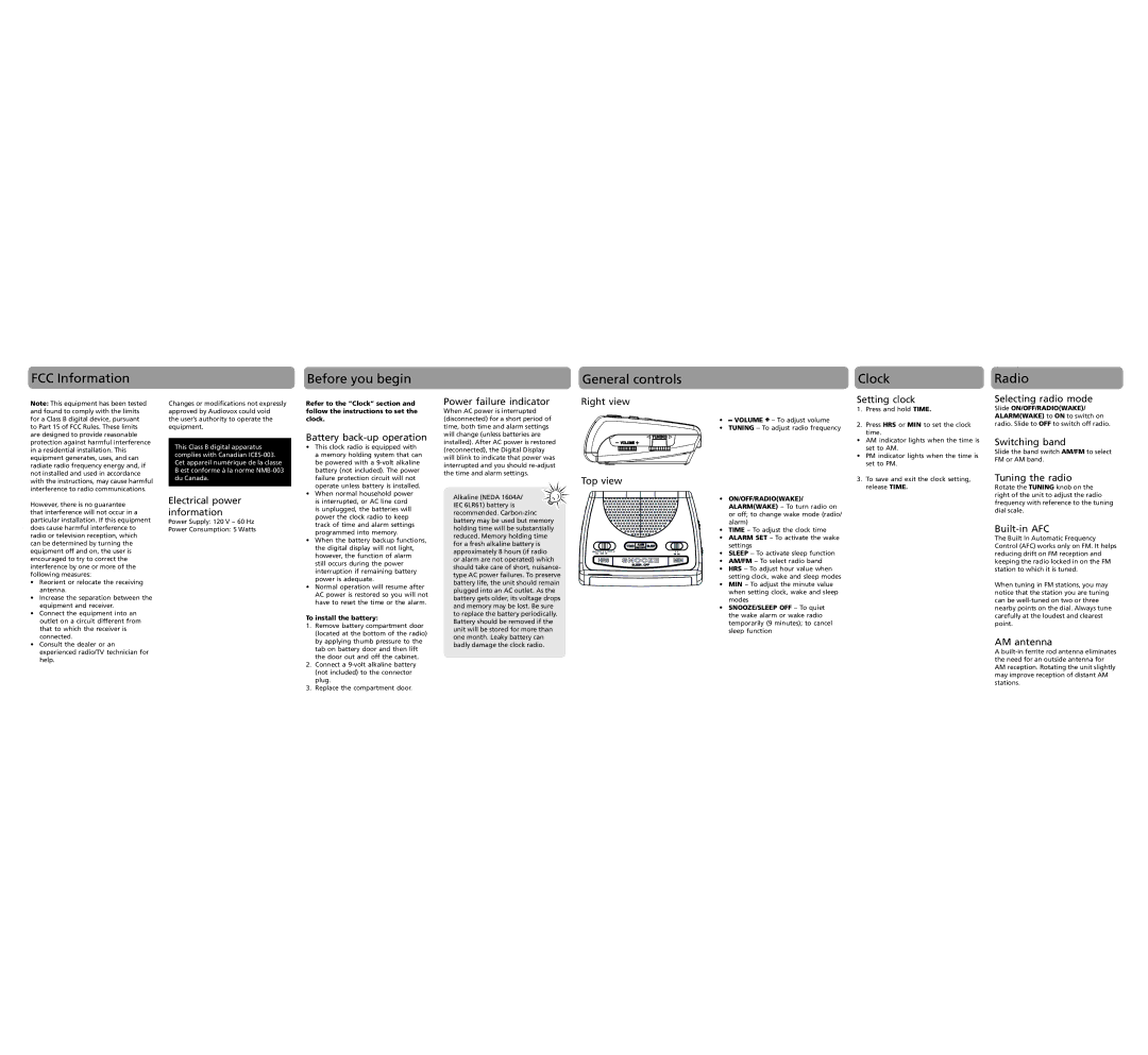 RCA RC100 user manual FCC Information, Before you begin, General controls, Clock, Radio 