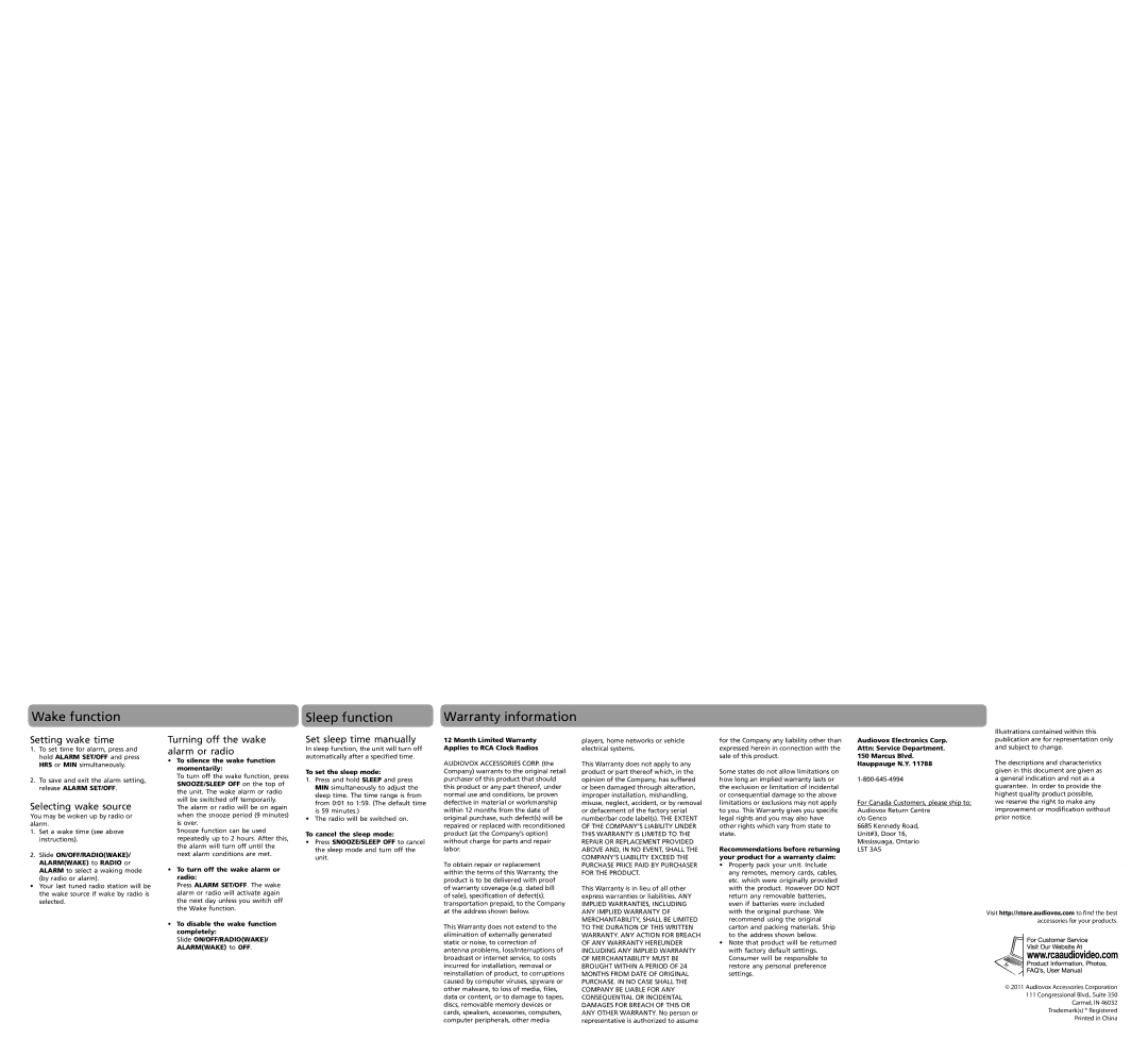 RCA RC100 user manual Wake function Sleep function Warranty information, Setting wake time, Selecting wake source 