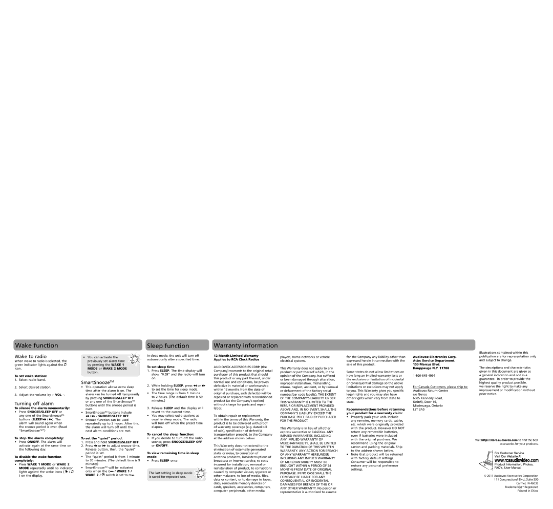 RCA RC105 user manual Wake function Sleep function Warranty information, Wake to radio, Turning off alarm, SmartSnoozeTM 