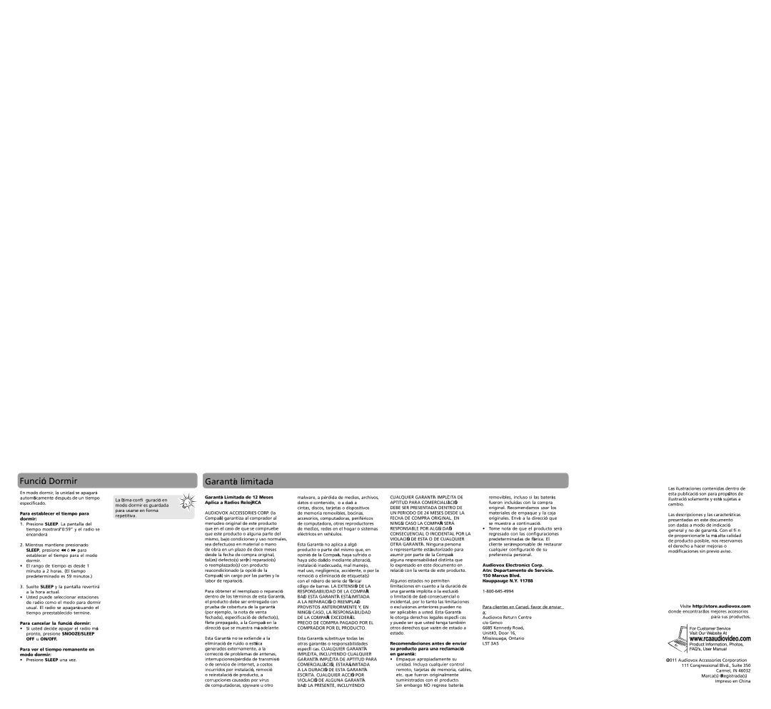 RCA RC105 user manual RelojRadio Función Despertar, Función Dormir, Garantía limitada 