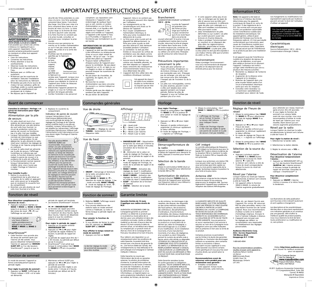 RCA RC105 Information FCC, Avant de commencer Commandes générales Horloge, Radio, Fonction de réveil, Garantie limitée 