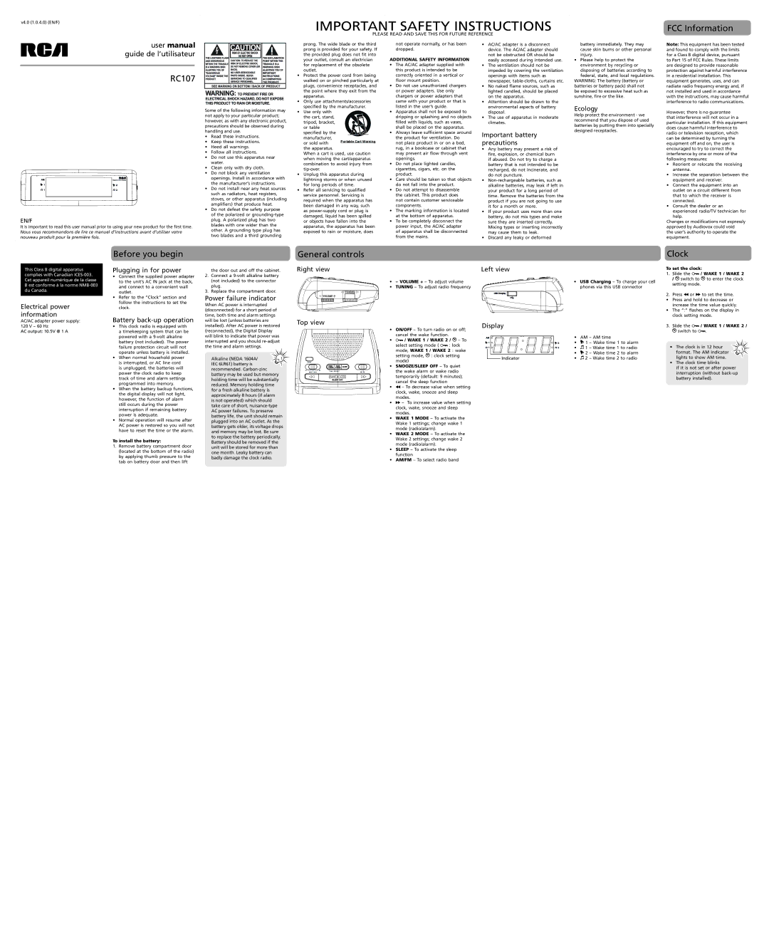 RCA user manual FCC Information RC107, Before you begin, General controls, Clock 