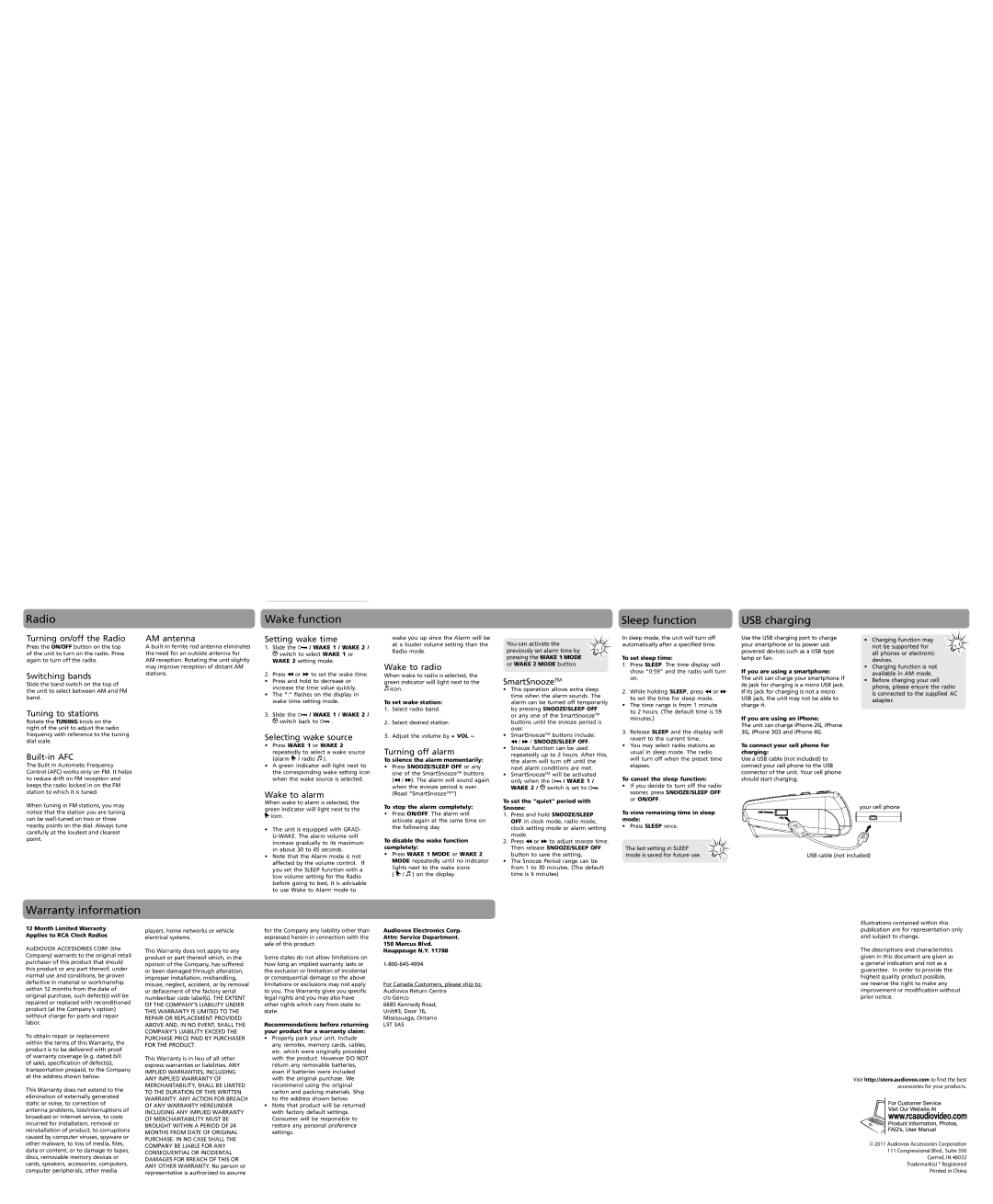 RCA RC107 user manual Radio, Wake function, Sleep function, USB charging, Warranty information 